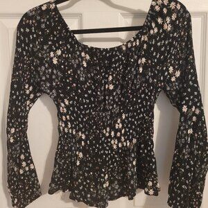 Hippie Rose Small Black and Pink Floral Scooped Neck Blouse